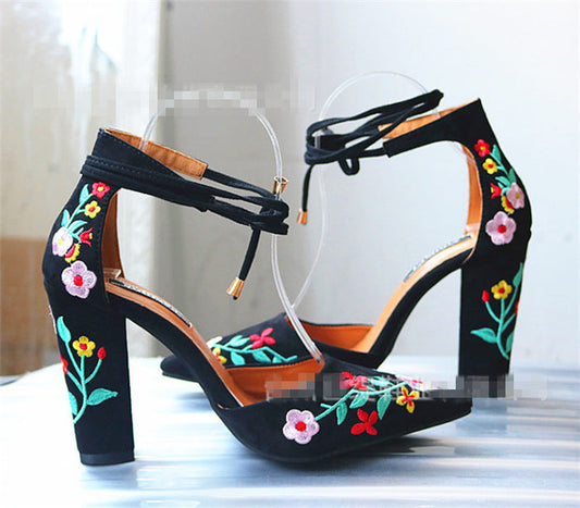 Womens Pumps Shoes Dorsay Ankle Strap Block High Heels Embroidery Flowers-Junk in the Trunk