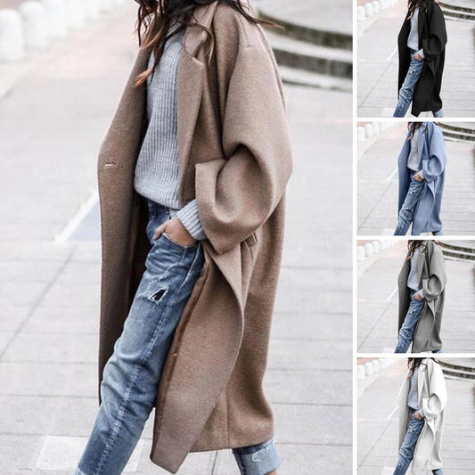 Casual Long Jacket With Pockets Solid Color Single Breasted Lapel Woolen Coat For Women Warm Winter Clothing-Junk in the Trunk
