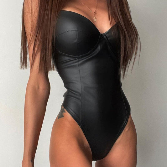 Black Pu Tight Sexy Sling Jumpsuit-Junk in the Trunk