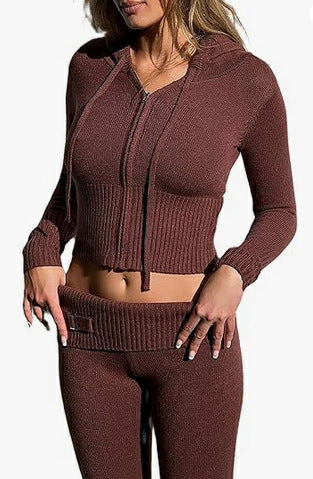 2pcs Knitted Hooded Suits Women's Long-sleeved Cardigan And High Waisted Trousers Clothing-Junk in the Trunk